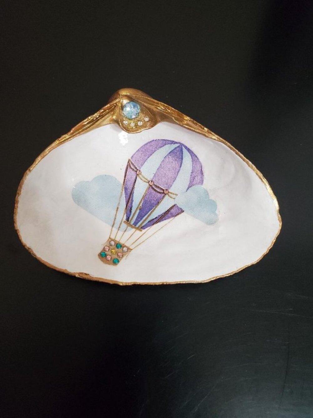 Shells Decoupaged Hot Air Balloon Hand Painted Gold Leaf Trim, Trinket